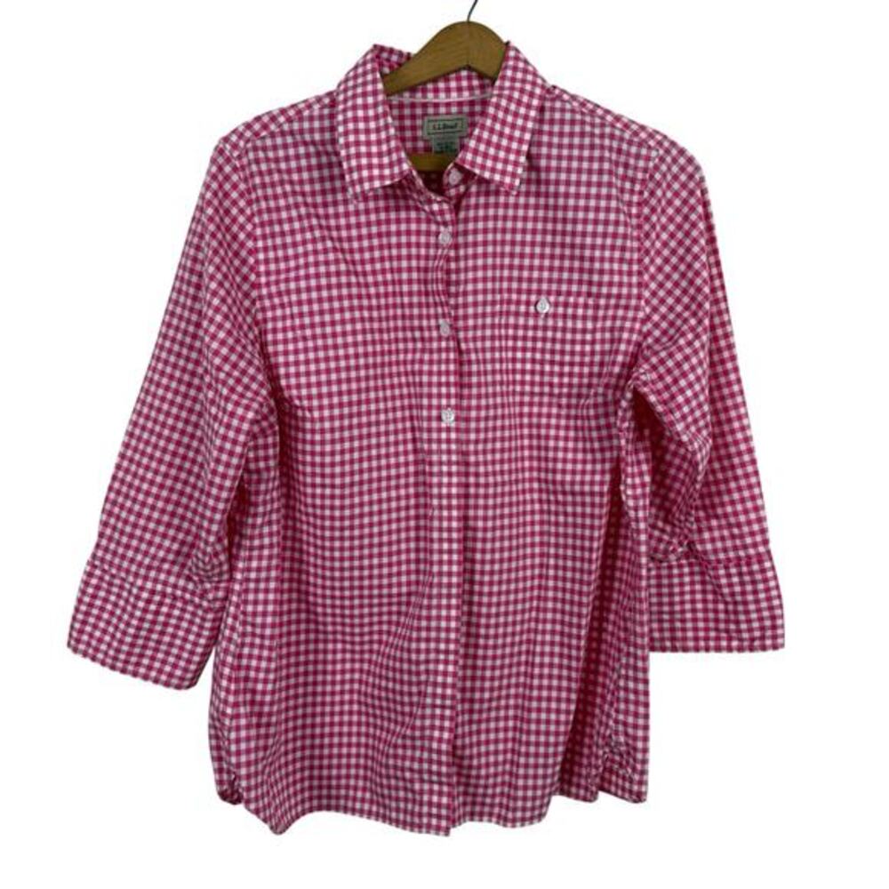 L.L. Bean Women Pink Gingham Shirt Top Medium 100% Cotton Preppy Coastal Resort‎